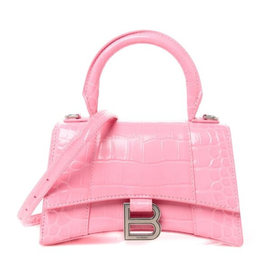 BALENCIAGA Hourglass Top Handle Mini Bag Crocodile Embossed Leather XS Pink Tote